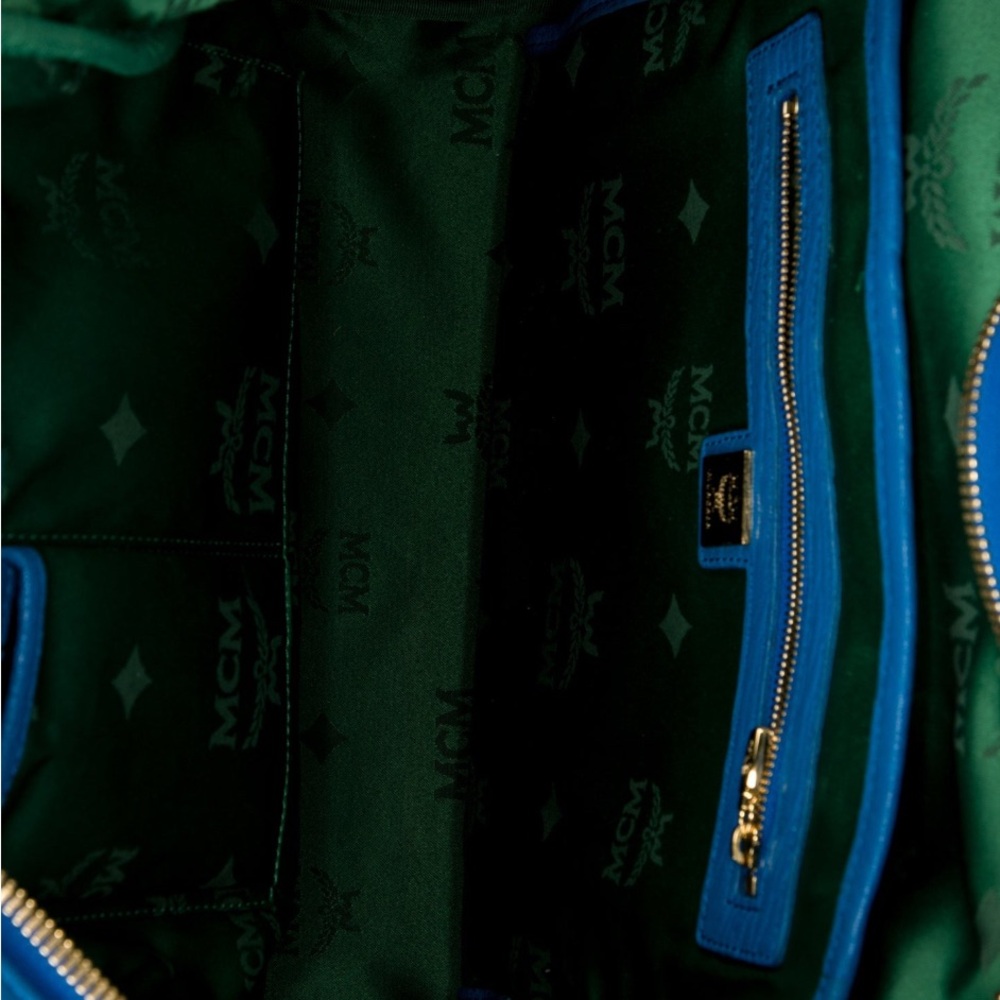 MCM Blue Leather Backpack Gold & Gunmetal Accents Removable Clutch - Picture 2 of 8